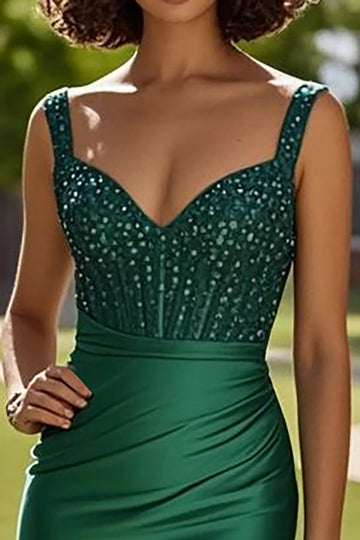 Błyszcząca Ciemnozielony Syrenka Satynowa Długa Sukienka Na Studniówkę z Rozcięciem